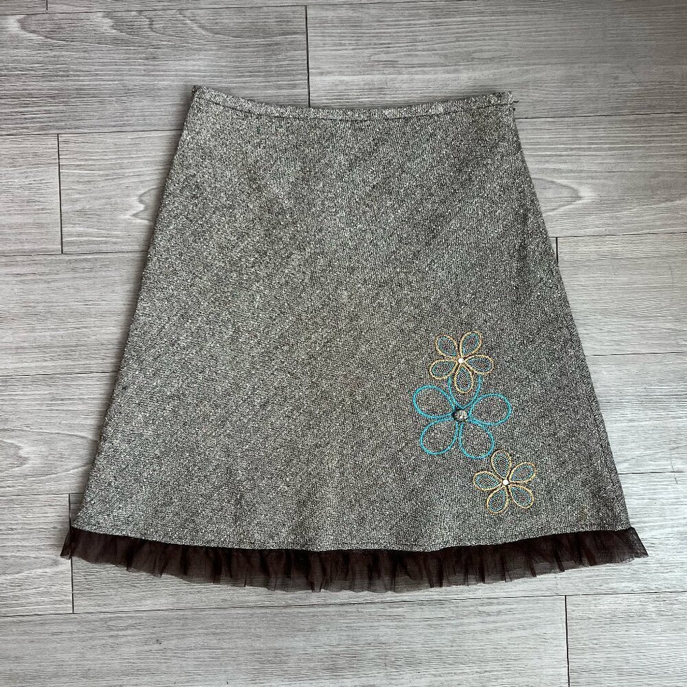 Y2K Twee Brown Tweed Floral Embroidered Ruffle Trim Wool Blend Skirt Size 6